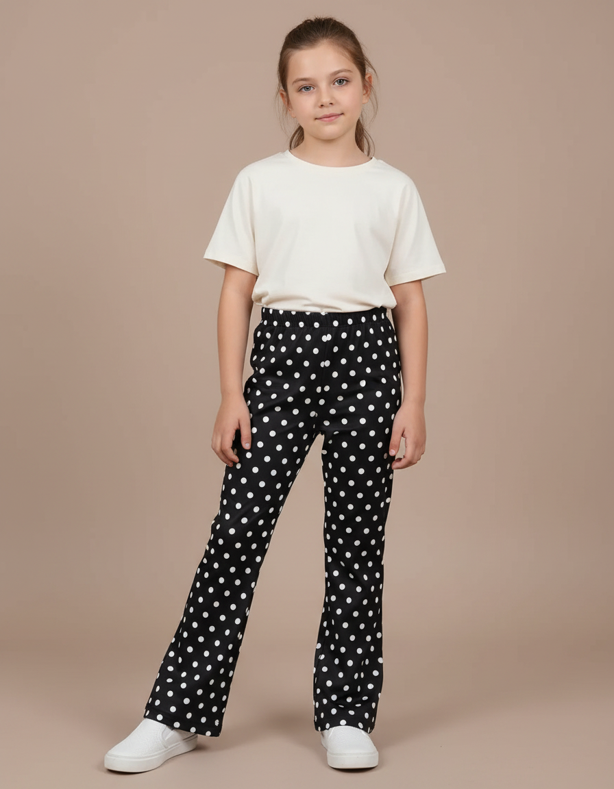 Pantalon Fluide Noir Pois Blanc Ample Enfant - Imprimé Polyester