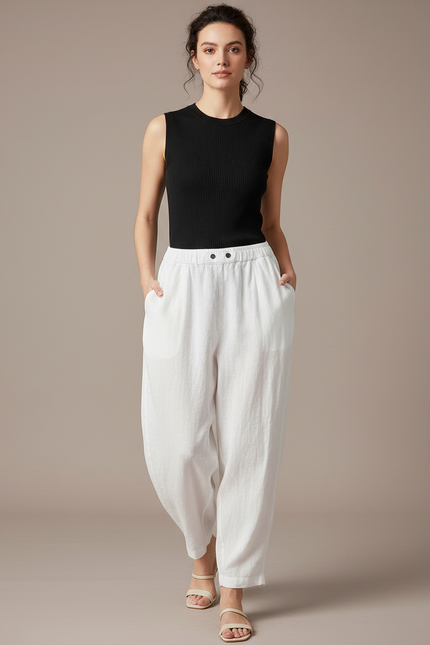 Pantalon Fluide Blanc Ample Coton Taille Élastique