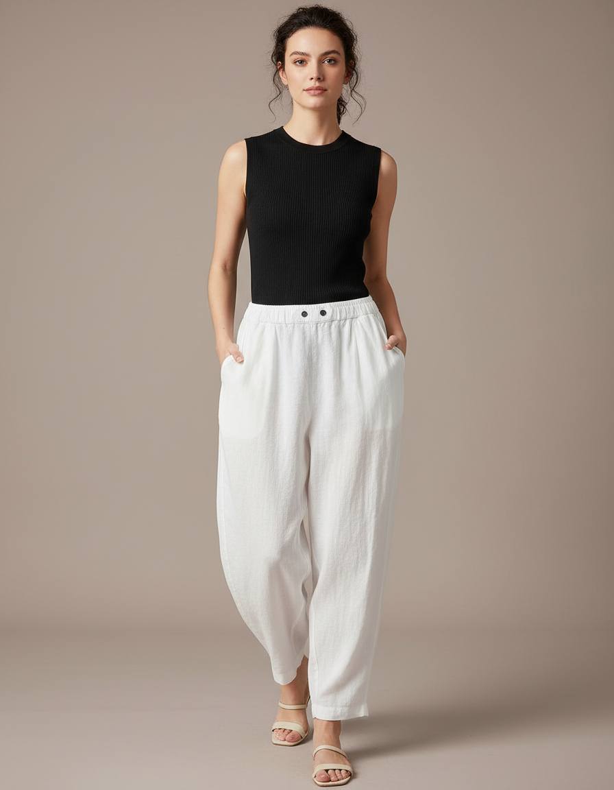 Pantalon Fluide Blanc Ample Coton Taille Élastique
