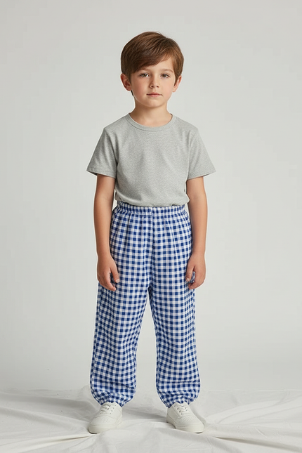 Pantalon Fluide Carreaux Vichy Bleu Ample Léger Enfant - Coton