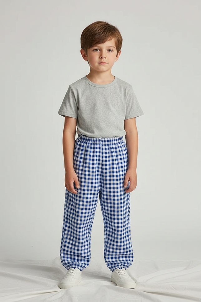 Pantalon Fluide Carreaux Vichy Bleu Ample Léger Enfant - Coton