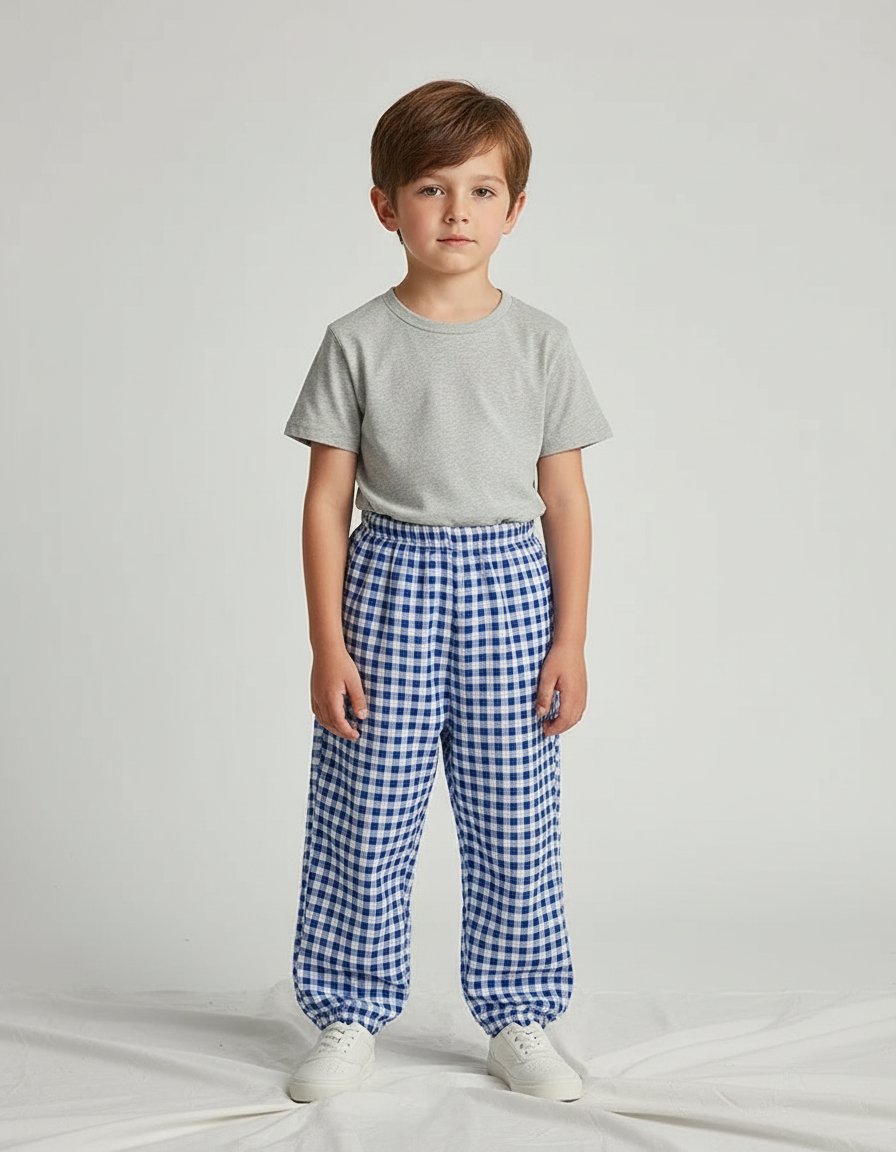Pantalon Fluide Carreaux Vichy Bleu Ample Léger Enfant - Coton
