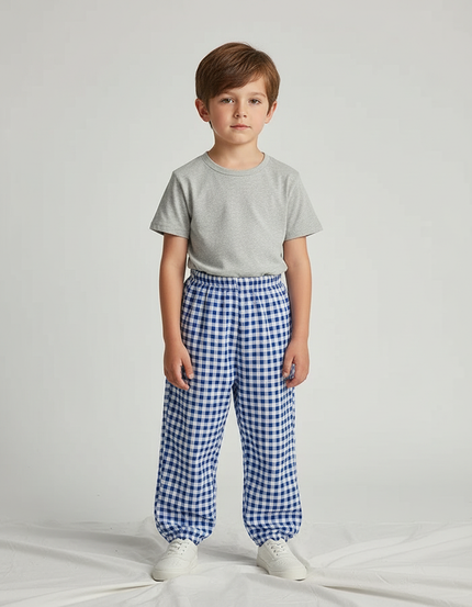 Pantalon Fluide Carreaux Vichy Bleu Ample Léger Enfant - Coton