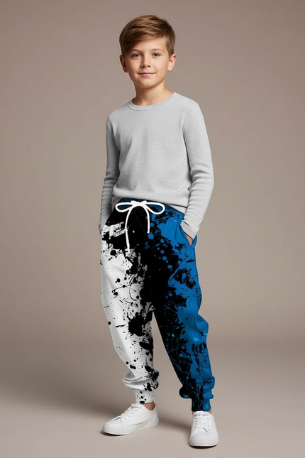 Pantalon Fluide Imprimé Éclaboussures Noir Bleu Enfant - Molleton