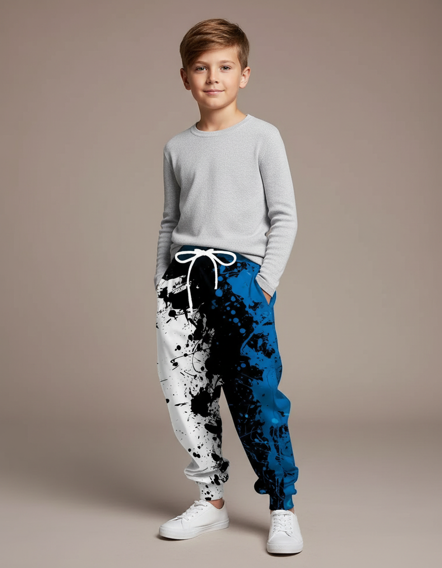 Pantalon Fluide Imprimé Éclaboussures Noir Bleu Enfant - Molleton