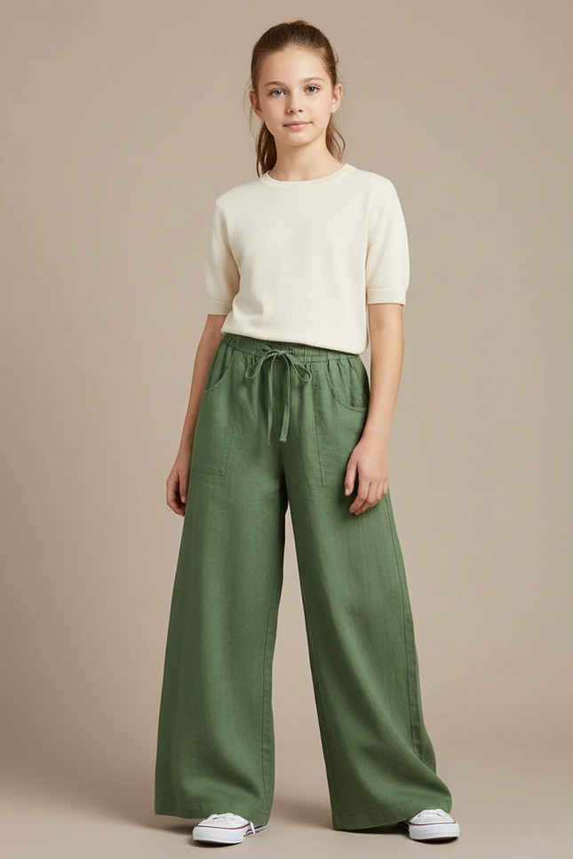 Pantalon Fluide Vert Ample Lin Cordon Fille