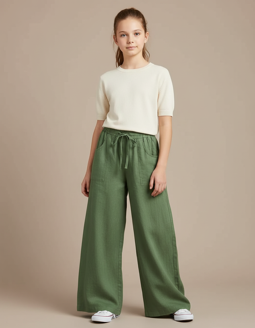 Pantalon Fluide Vert Ample Lin Cordon Fille