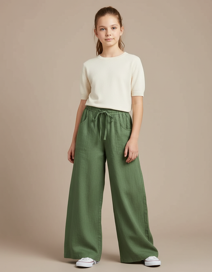 Pantalon Fluide Vert Ample Lin Cordon Fille