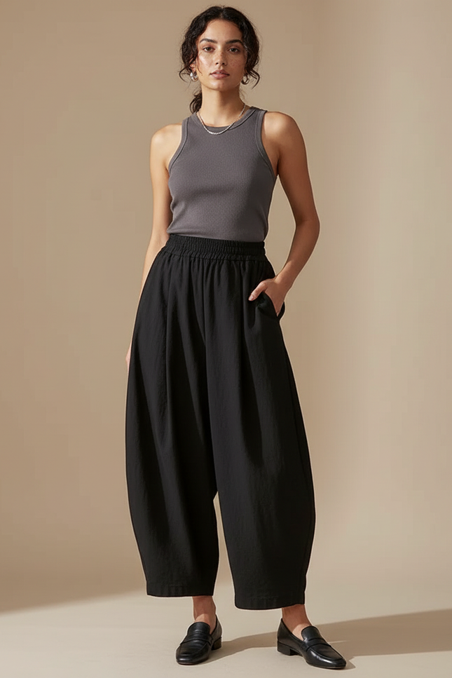 Pantalon Fluide Noir Ample Harem Coton Décontracté