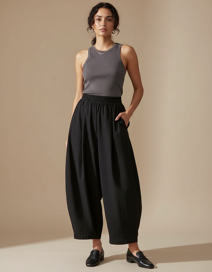Pantalon Fluide Noir Ample Harem Coton Décontracté