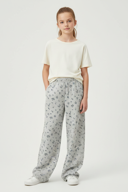 Pantalon Fluide Gris Ample Imprimé Floral Confortable - Molleton