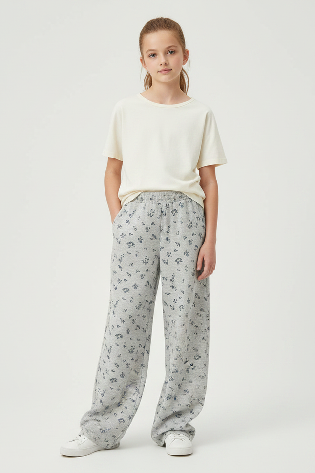 Pantalon Fluide Gris Ample Imprimé Floral Confortable - Molleton