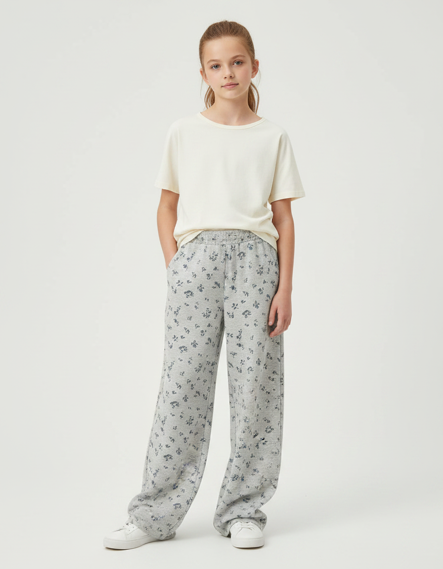 Pantalon Fluide Gris Ample Imprimé Floral Confortable - Molleton