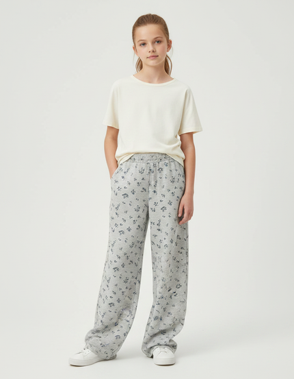 Pantalon Fluide Gris Ample Imprimé Floral Confortable - Molleton