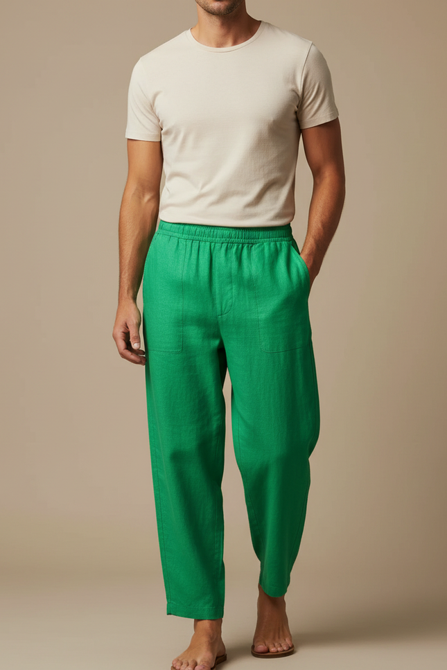 Pantalon Fluide Vert Émeraude Homme Lin Ample Décontracté