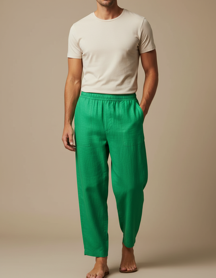 Pantalon Fluide Vert Émeraude Homme Lin Ample Décontracté