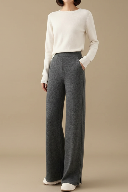 Pantalon Fluide Gris Ample Laine Tricoté Fendu