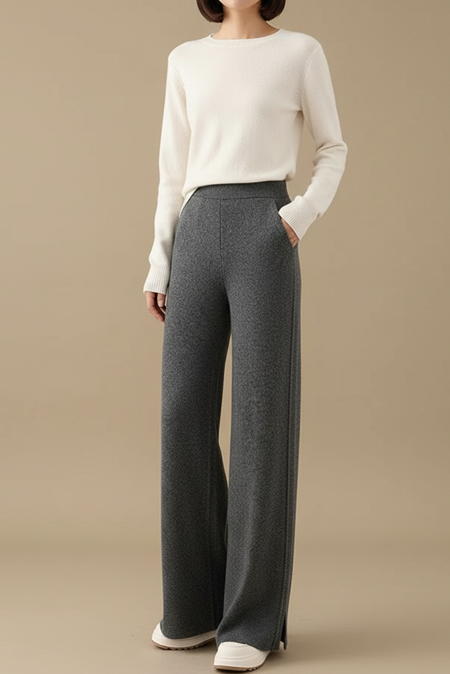 Pantalon Fluide Gris Ample Laine Tricoté Fendu