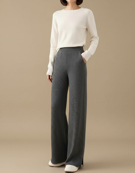 Pantalon Fluide Gris Ample Laine Tricoté Fendu