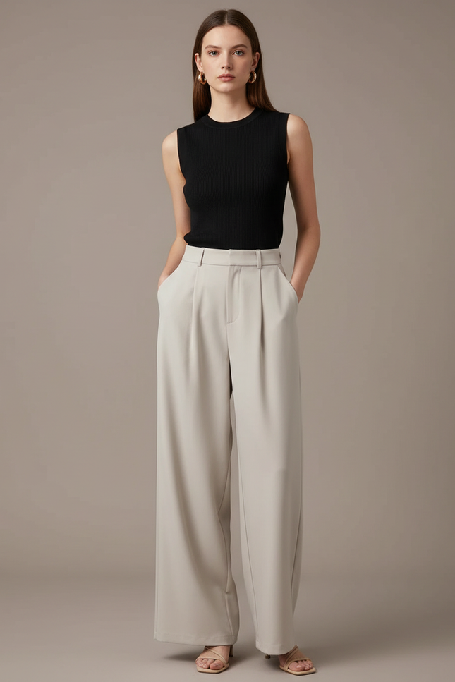 Pantalon Femme Fluide Taille Haute - Beige Polyester