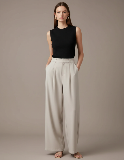 Pantalon Femme Fluide Taille Haute - Beige Polyester