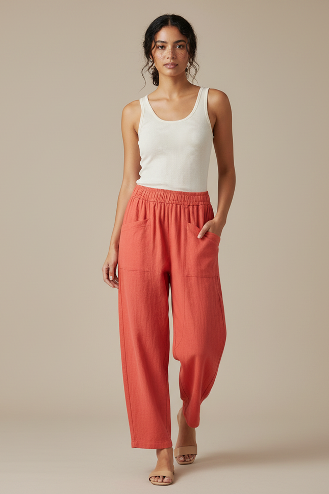 Pantalon Fluide Corail Lin Ample Confortable Été - Orange