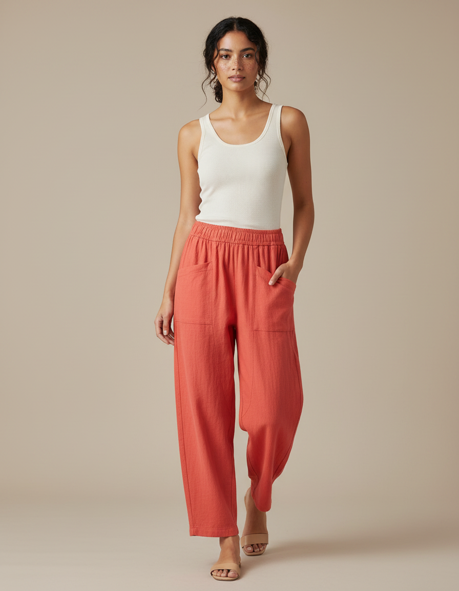Pantalon Fluide Corail Lin Ample Confortable Été - Orange