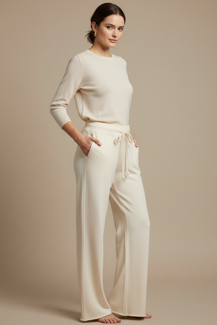 Pantalon Fluide Écru Ample Coton Doux Cordon Femme - Beige Molleton