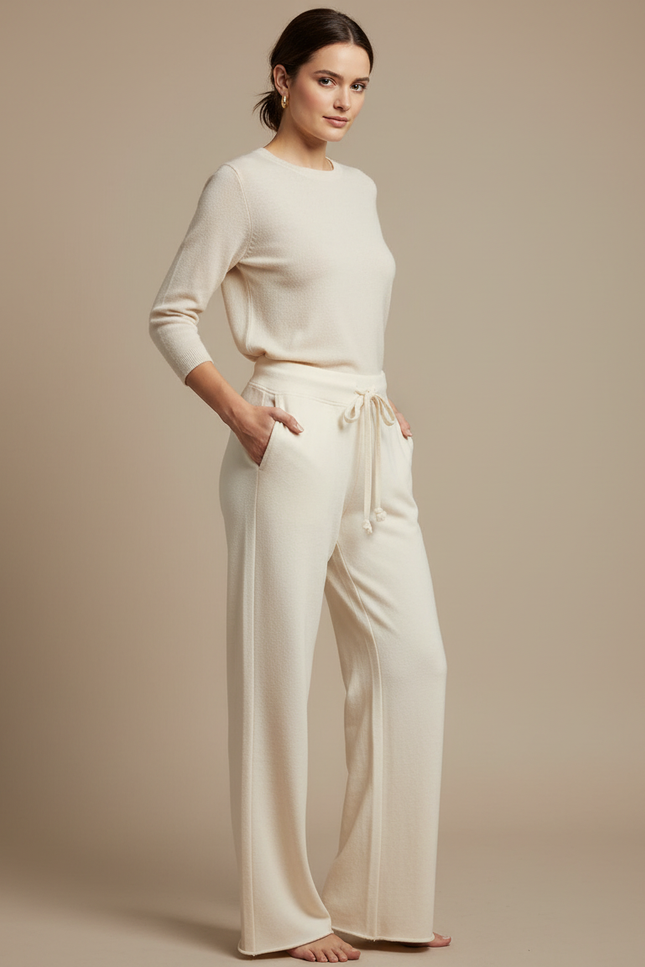 Pantalon Fluide Écru Ample Coton Doux Cordon Femme - Beige Molleton