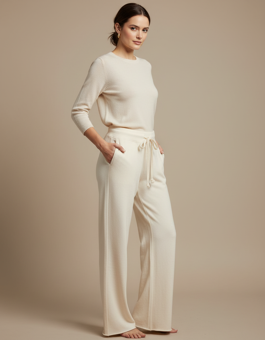 Pantalon Fluide Écru Ample Coton Doux Cordon Femme - Beige Molleton