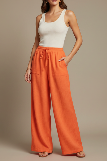 Pantalon Fluide Orange Femme - Lin
