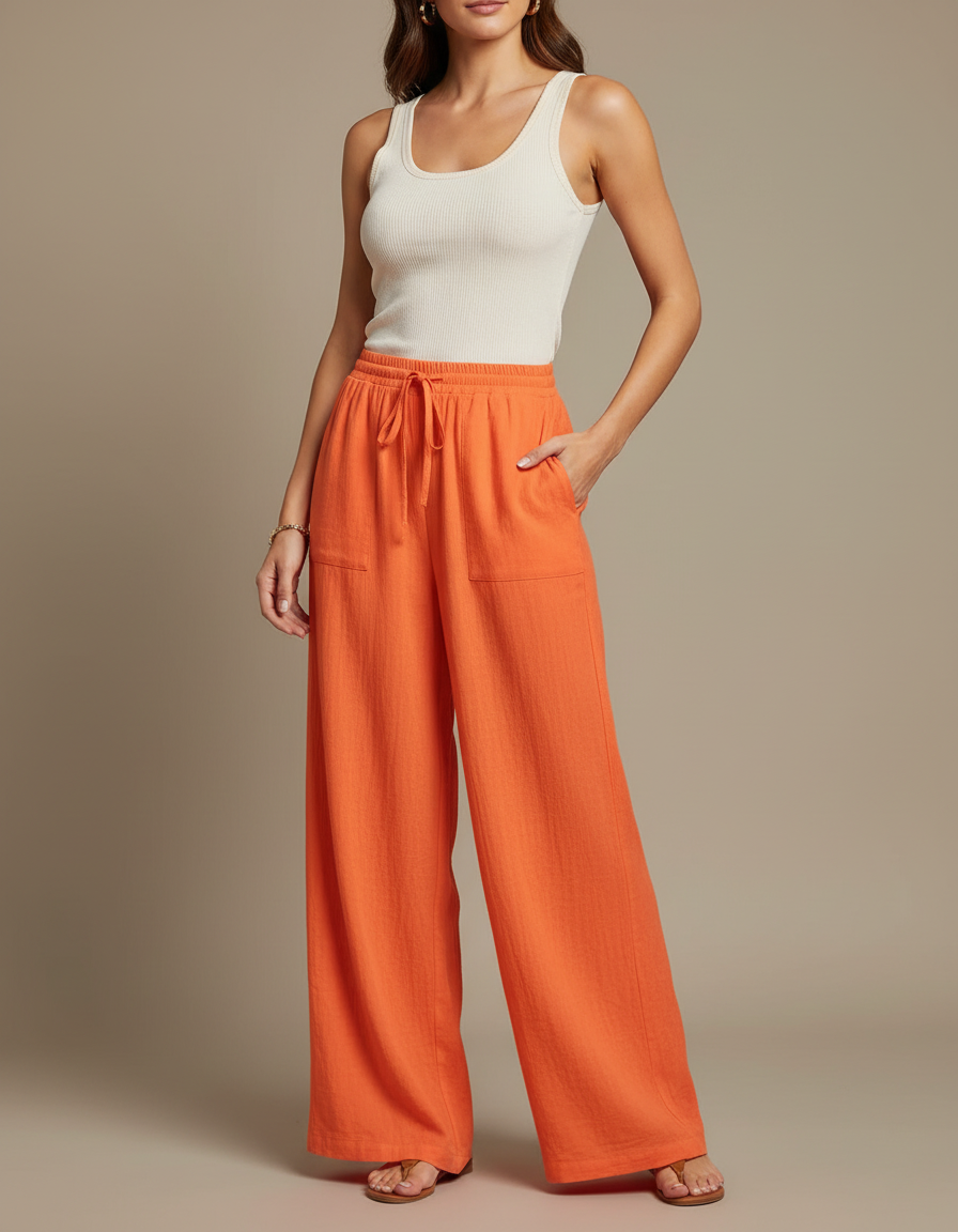 Pantalon Fluide Orange Femme - Lin