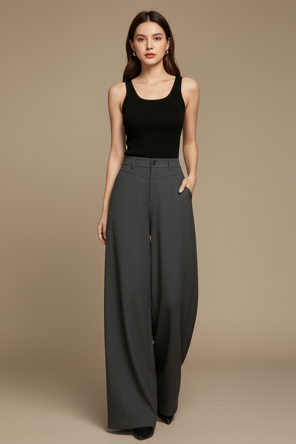 Pantalon Fluide Gris Ample Droit Taille Haute Élégant - Polyester