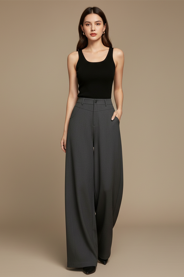 Pantalon Fluide Gris Ample Droit Taille Haute Élégant - Polyester
