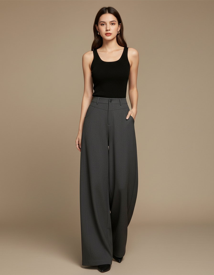 Pantalon Fluide Gris Ample Droit Taille Haute Élégant - Polyester