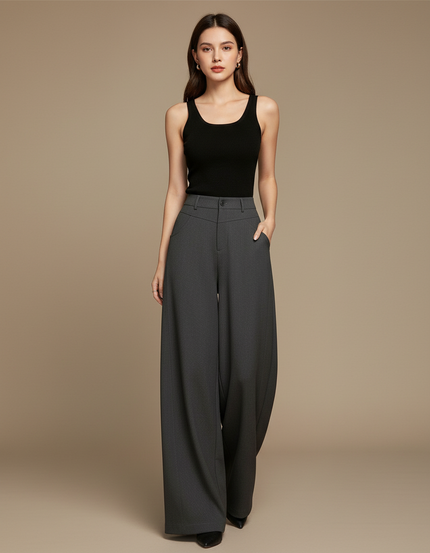 Pantalon Fluide Gris Ample Droit Taille Haute Élégant - Polyester