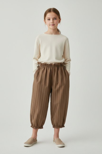 Pantalon Fluide Marron Rayé Ample Coton Enfant - Lin