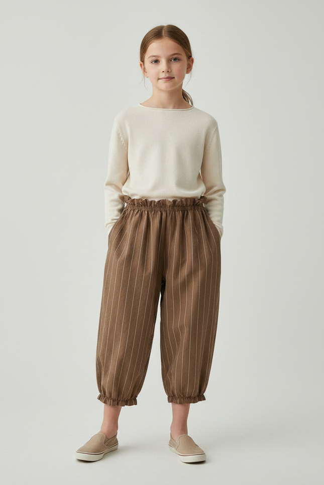 Pantalon Fluide Marron Rayé Ample Coton Enfant - Lin