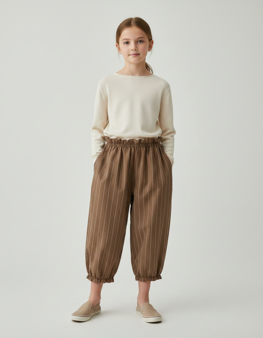 Pantalon Fluide Marron Rayé Ample Coton Enfant - Lin