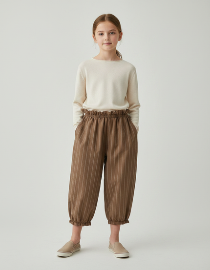 Pantalon Fluide Marron Rayé Ample Coton Enfant - Lin