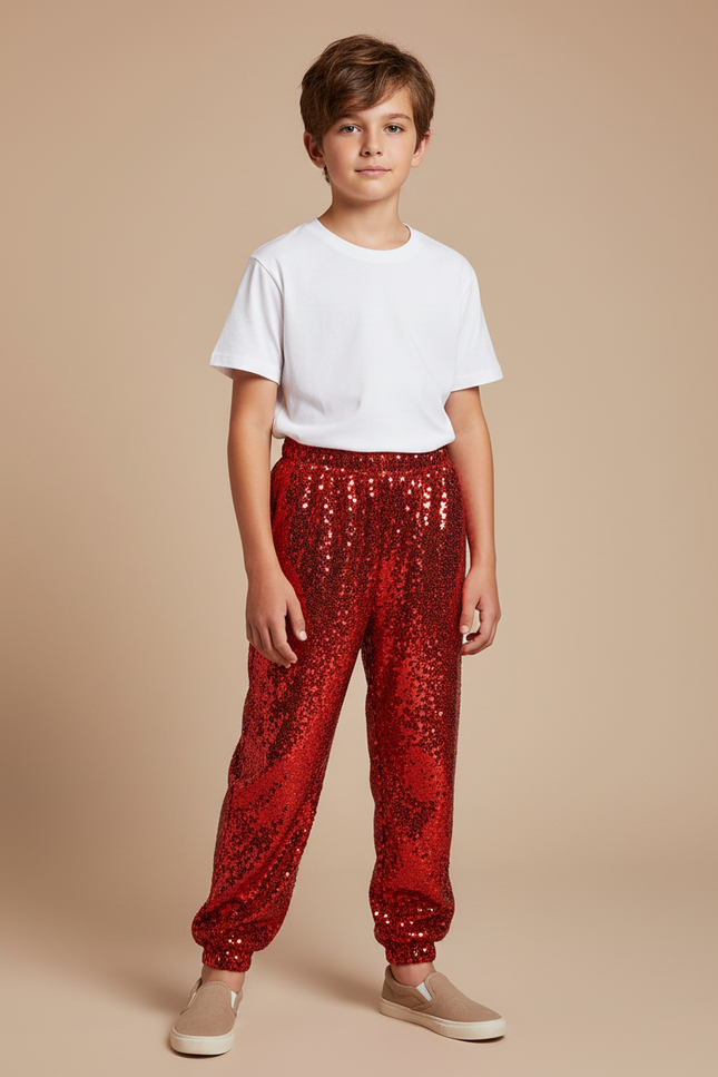 Pantalon Fluide Rouge Paillettes Scintillantes Ample Enfant - Polyester