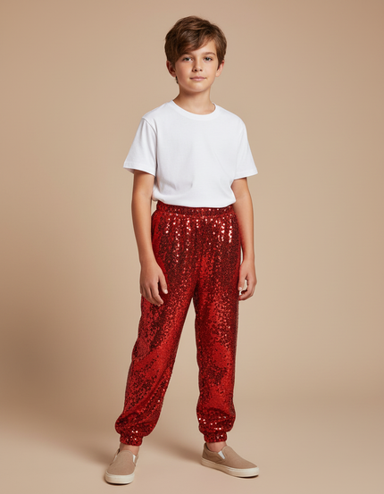Pantalon Fluide Rouge Paillettes Scintillantes Ample Enfant - Polyester