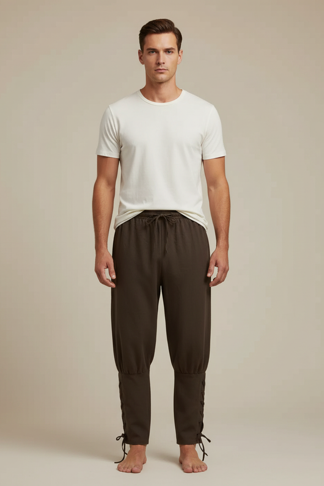 Pantalon Fluide Marron Ample Lacets Coton Homme