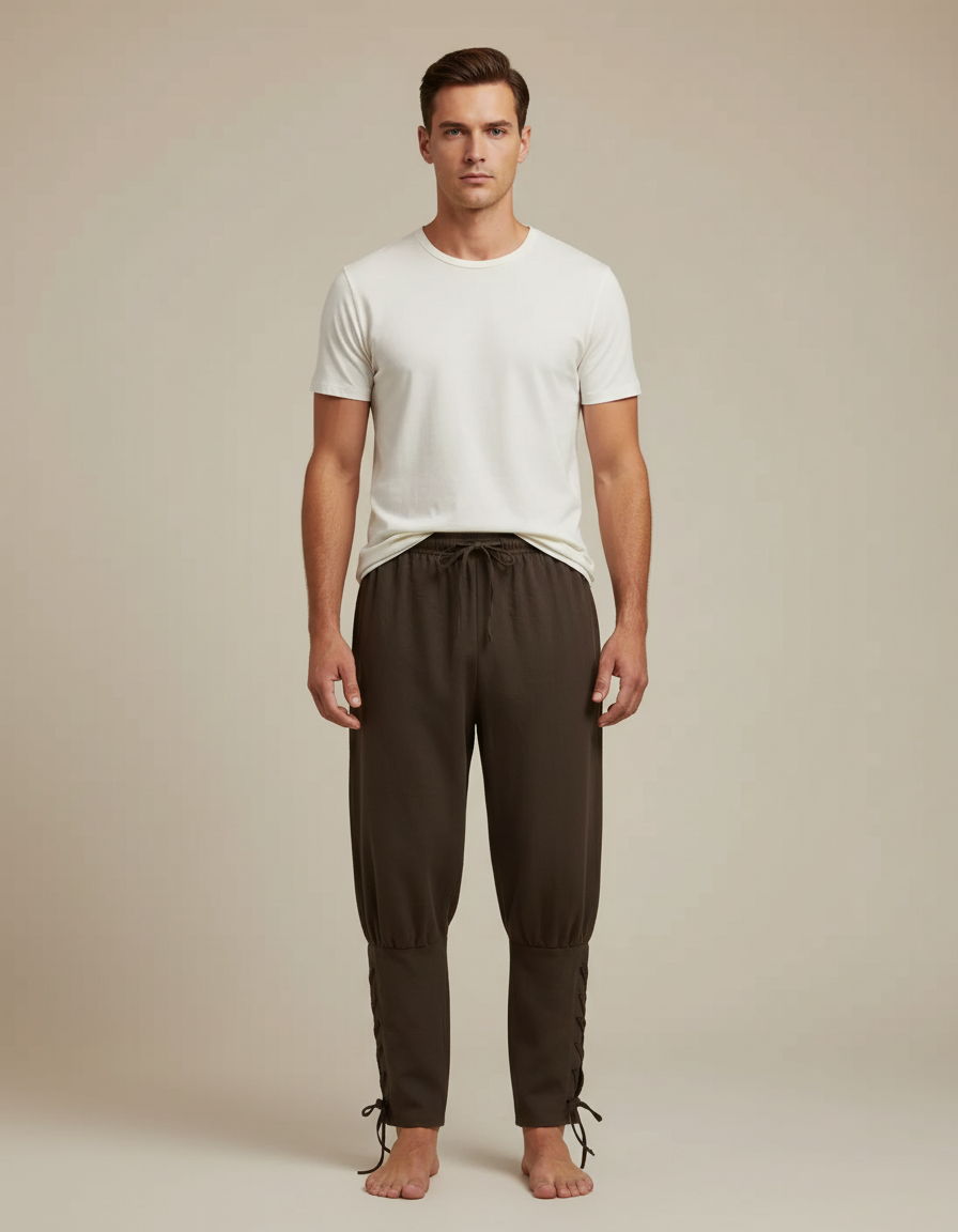 Pantalon Fluide Marron Ample Lacets Coton Homme