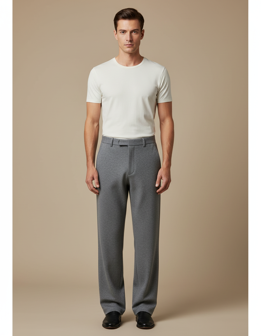 Pantalon Fluide Gris Ample Laine Élégant Décontracté Homme