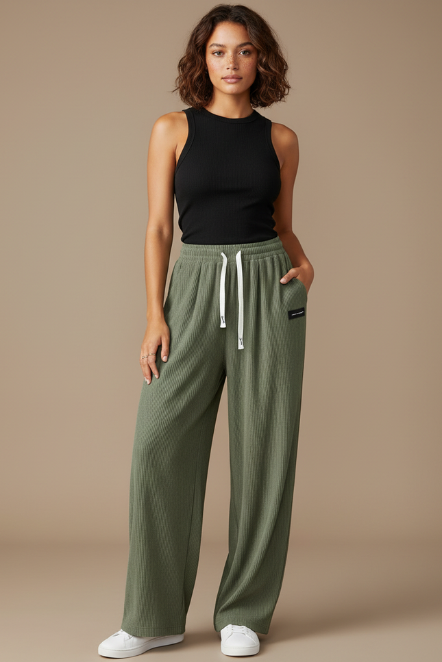 Pantalon Fluide Vert Côtelé Ample Confortable Décontracté - Maille