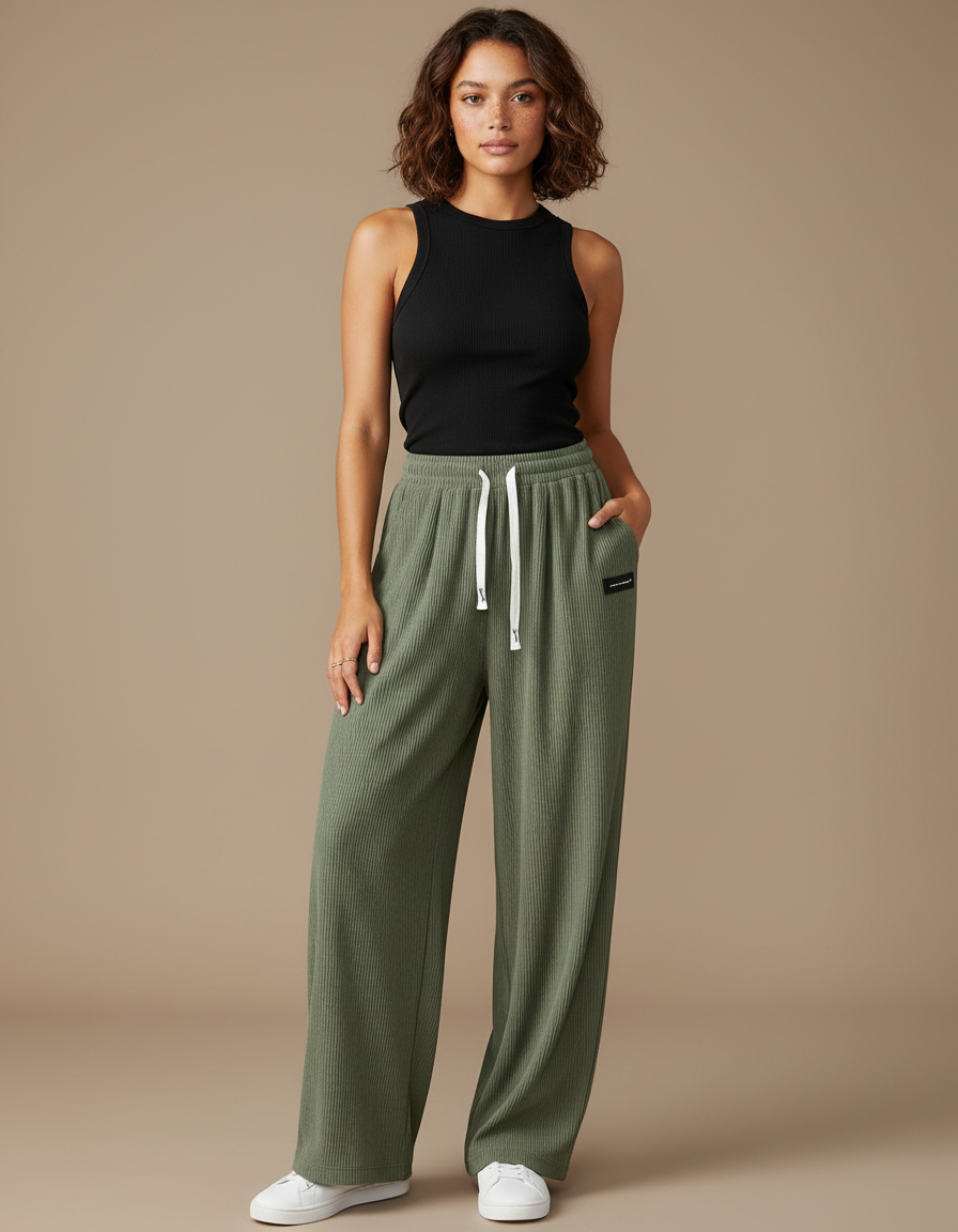 Pantalon Fluide Vert Côtelé Ample Confortable Décontracté - Maille