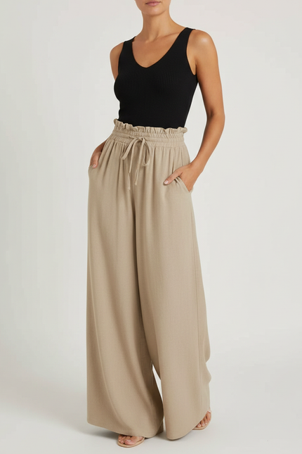 Pantalon Fluide Kaki Ample Taille Haute Cordon - Viscose