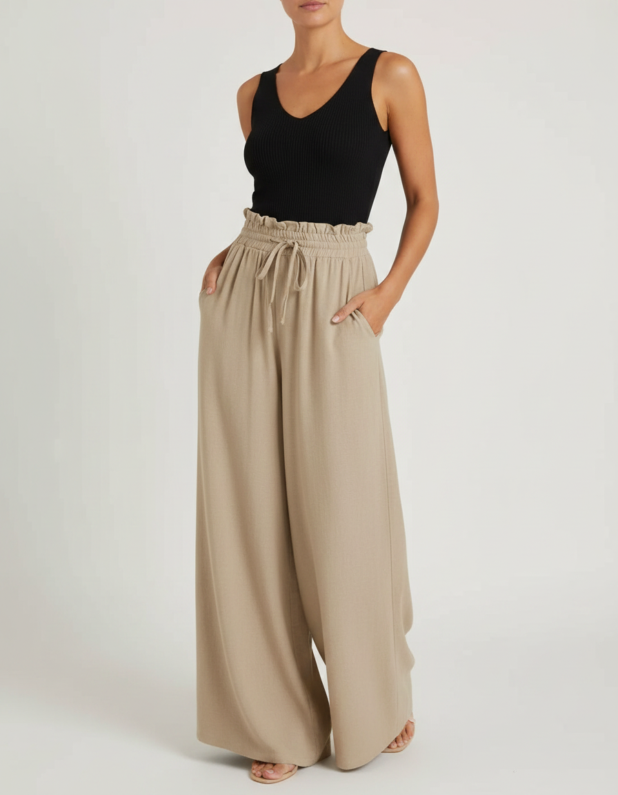 Pantalon Fluide Kaki Ample Taille Haute Cordon - Viscose