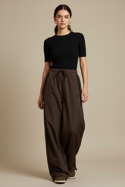Pantalon Fluide Marron Ample Sportif Décontracté Femme - Polyester